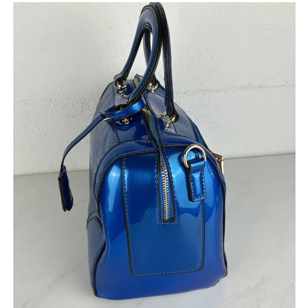 Blue Croc Embossed Patent Satchel Bag - Medium - Y2K Glam Maximalist Handbag